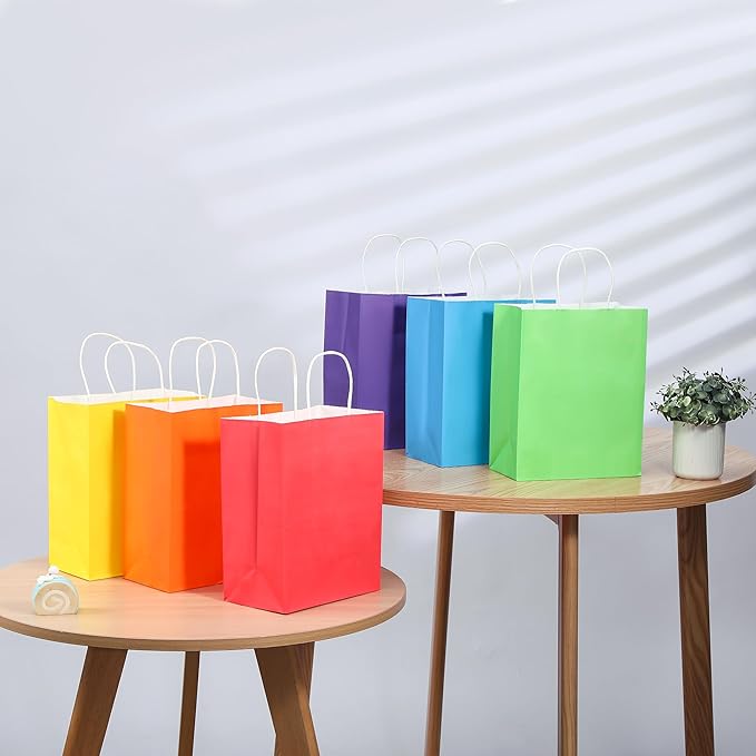 SUNCOLOR 24 Pack Rainbow Gift Bags with Handles – 8x4.5x10 Medium Bags for Shopping, Retail, DIY, Wedding, Party Favors & Special Occasions