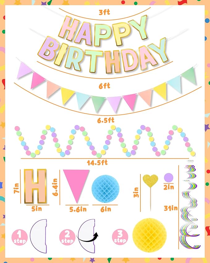 Oomloid Happy Birthday Party Decorations - Colorful Happy Birthday Banner Swirl Streamers Honeycomb Balls Circle Dots Garland Triangle Flag Bunting, Party Decor for Women Men Boys Girls