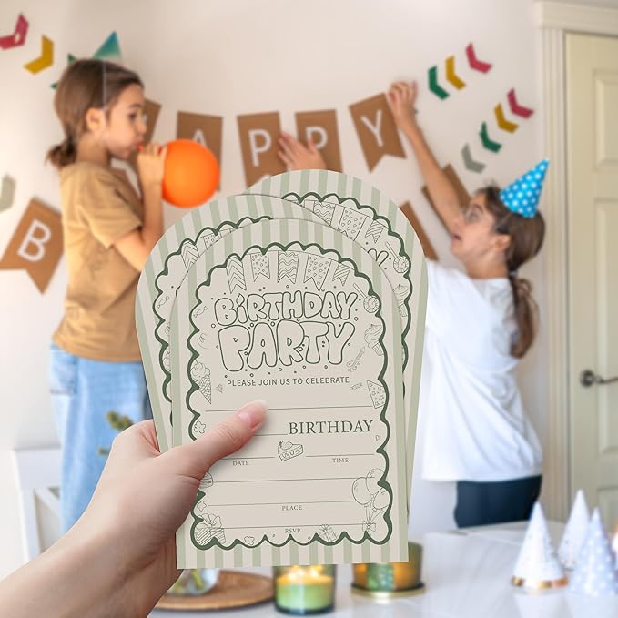 Retro Birthday Party Invitations, Green Retro Wave Theme Birthday Invitation for Boys Girls, 20 fill in Invitations Cards with Envelopes, Party Decorations Supplies (arch)