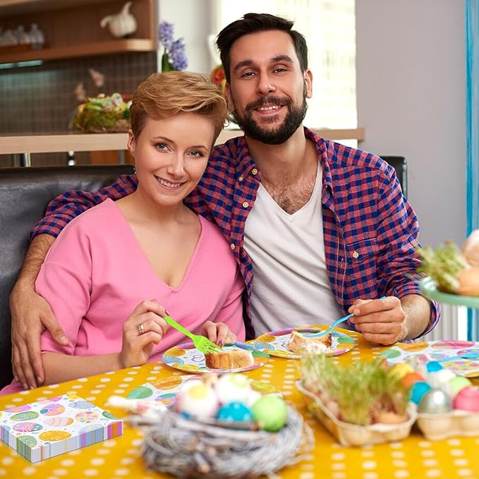 96 Pieces Easter Tableware Set Party Supplies - Happy Easter Colorful Eggs Pattern Disposable Paper Plates, Napkins, Forks Dinnerware for Spring Celebrations, Picnics, Serves 24 Guests