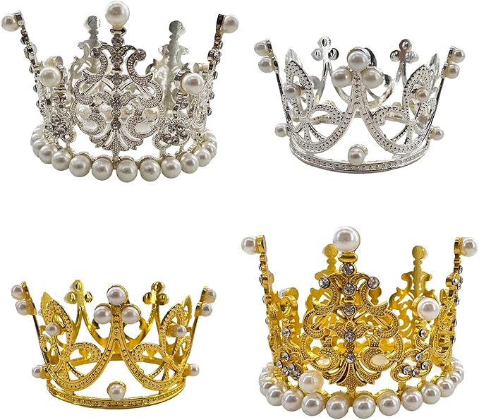 4 Pcs Crown Cake Topper Small Crystal Pearl Tiara Cupcake Toppers for Flower Arrangements Cupcake Queen Birthday Party Wedding Decor