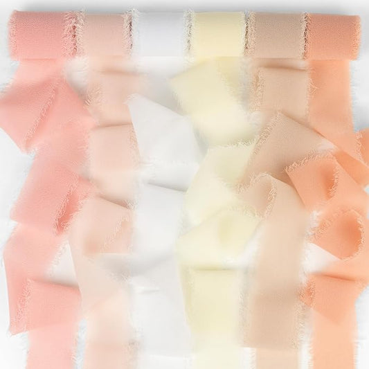 Handmade Fringe Chiffon Silk Ribbon 1 Inch x 3Yd Peach/Blush/Pink Soft Colorful Frayed Chiffon Ribbon for Wedding Invitation Flower Bouquets Gift Wrapping Bridal Shower