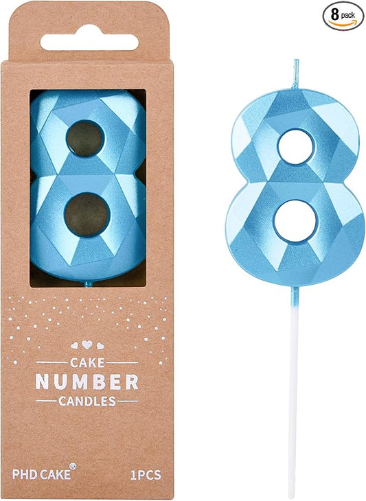 PHD CAKE 2.76 Inch Crystal Blue 8 Number Birthday Candles, Blue Number Candles, Cake Number Candles, Party Celebration