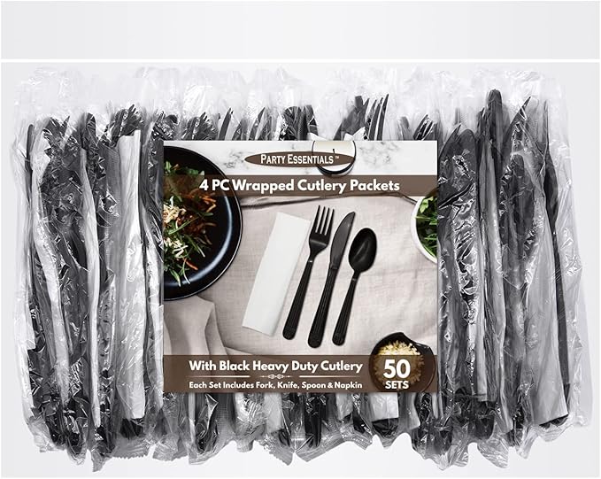 Party Essentials Individually Wrapped Heavy Duty Plastic Utensil Kits, 50 Sets for Party Catering, Fork/Spoon/Knife/Napkin, Black