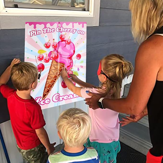 PARTYLOUD Ice Cream Party Games, Pin The Cherry on The Ice Cream, Ice Cream Birthday Party Games Decoration Classroom Toddlers Preschool Party Supplies for Boys Girls Adults