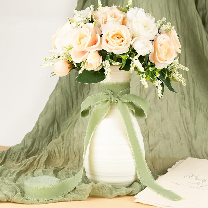 Sage Green Cotton Ribbon 5/8 Inch Sage Green 3 Rolls 21 Yards Frayed Edge Fabric Set for Wedding Invitations, Bridal Bouquet Wrap, Baby Shower Decor, Garden Party & Gift Wrapping