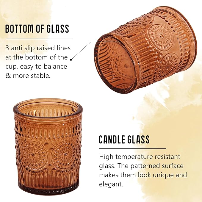 12 Pcs Amber Glass Votive Candle Holders, Tealight Candle Holders for Table Centerpieces, Vintage Candle Holder Bulk, Boho Wedding, Home, Bridal Shower, Birthday Party Table Decor (Amber)