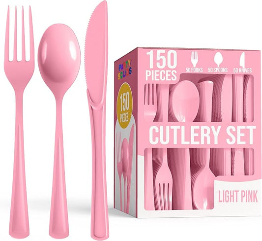 Party Solids Pink Plastic Silverware Heavy Duty 150 Pieces Pink Disposable Silverware Heavy Duty, Utensil Sets, 50 Of Each Forks, Knives & Spoons Disposable Cutlery Set For Party Supplies