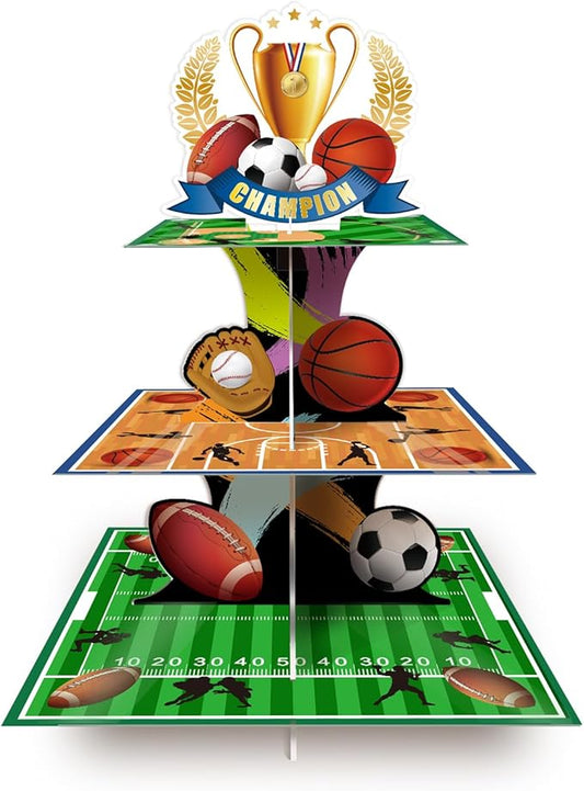 Sports Party Decorations Sports Themed Cupcake Stand 3 Tier Sport Cupcake Holder for Football Basketball Baseball Soccer Sports Birthday Party Decorations