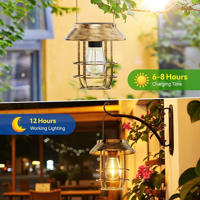 Ahaorigin Solar Lanterns Outdoor Waterproof, High Brightness Hanging Solar Lights for Outside with Wall Hooks, Retro Metal Outdoor Lanterns Auto On/Off for Porch, Patio, Yard Decor 4 Pack