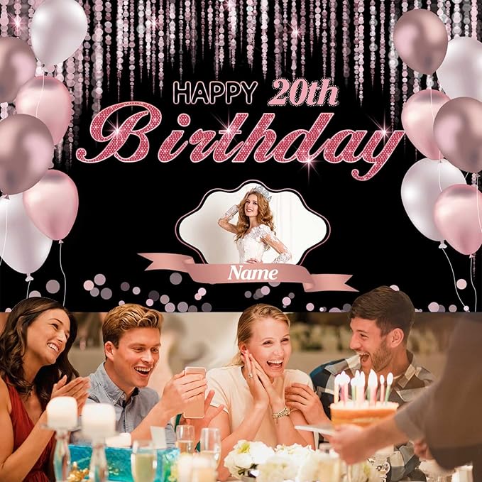 Custom Rose Gold Happy Birthday Banner, Personalized Pink Birthday Banner for Women