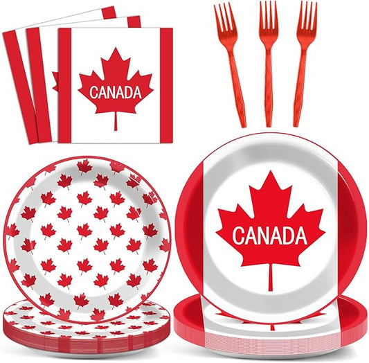 OBUSATT 96Pcs Canadian Flag Party Supplies - Canada Day Plates, Napkins, Decorations, Maple Leaves Dinnerware - Tableware Serves 24