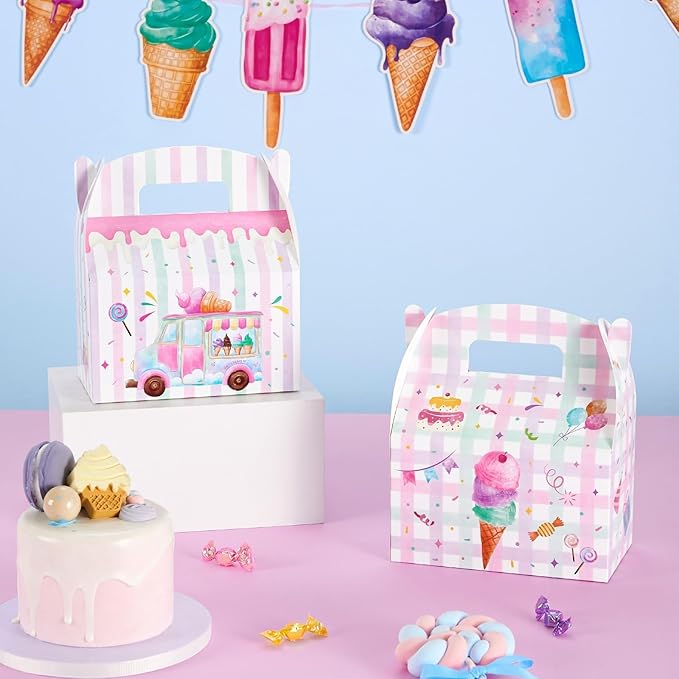 WERNNSAI 12 Pack Ice Cream Party Boxes - Ice Cream Birthday Decorations Summer Party Favor Boxes for Girls Kids Pink Purple Popsicle Candy Gift Box for Birthday Holiday Decoration