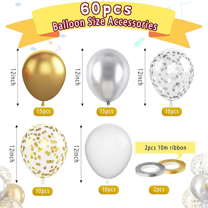 Paready Gold and Silver Latex Balloons, 60 Pcs 12 Inch Metallic Gold Silver and White Confetti Balloons for Birthday Baby Shower Engagement Anniversary Wedding Bridal Shower Graduation Decoration