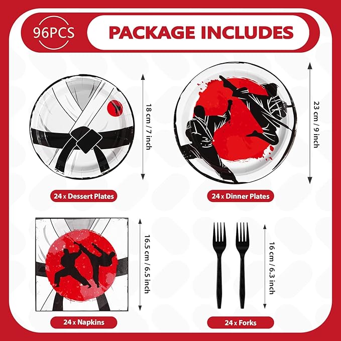 Grencian 96 Pcs Karate Party Supplies Disposable Karate Themed Plates and Napkins Tableware Sets Karate Birthday Decorations for Boys Ninja Birthday Party Decorations Martial Arts Favors Serves 24