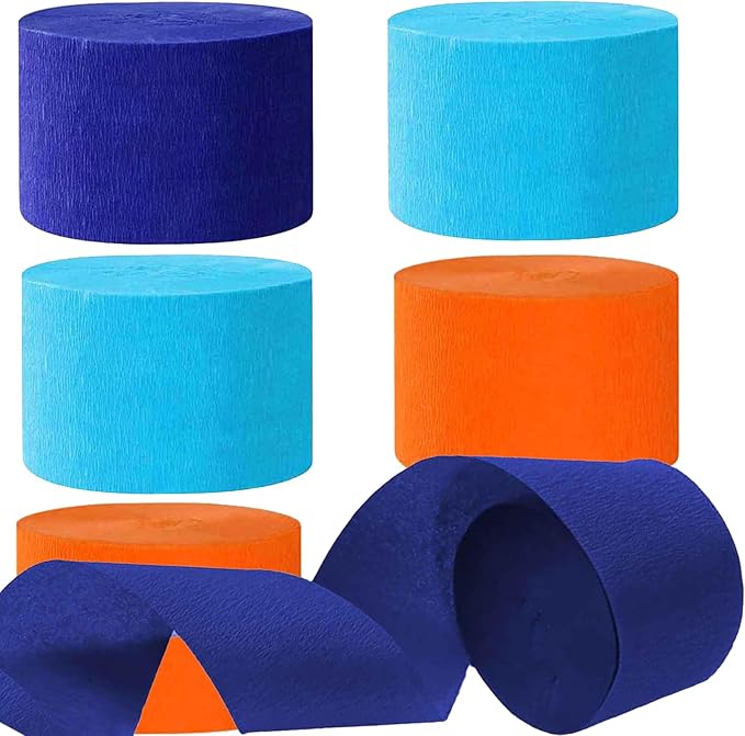 We Moment Blue and Orange Crepe Paper Streamers 6 Rolls, Party Streamers for Birthday Party Decorations(1.8Inch x 82Ft/Roll)