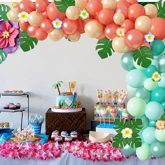 Ouddy Party Tropical Balloon Garland Arch Kit, 12"10"5" Rose Gold Blush Blue Balloons Artificial Palm Leaves Plumeria for Magic Theme Birthday Party Supplies Baby Shower Hawaii Luau Party Decorations