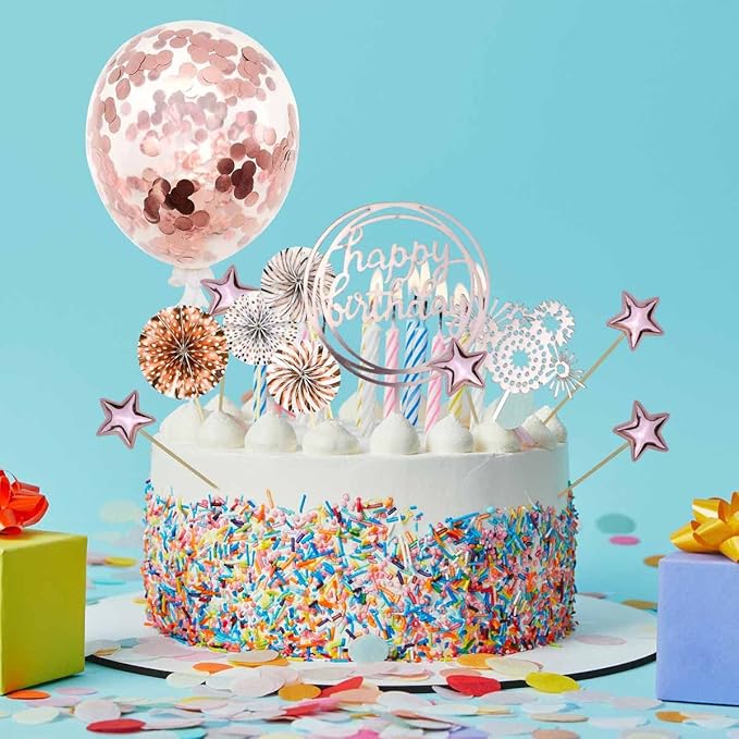 Cake Topper Decoration Set Acrylic Glitter Happy Birthday Cake Topper with Confetti Balloon Paper Fans Firework Cupcake Toppers for Rose Golden Theme Decor Women Birthday Party Supplies (Rose Gold)