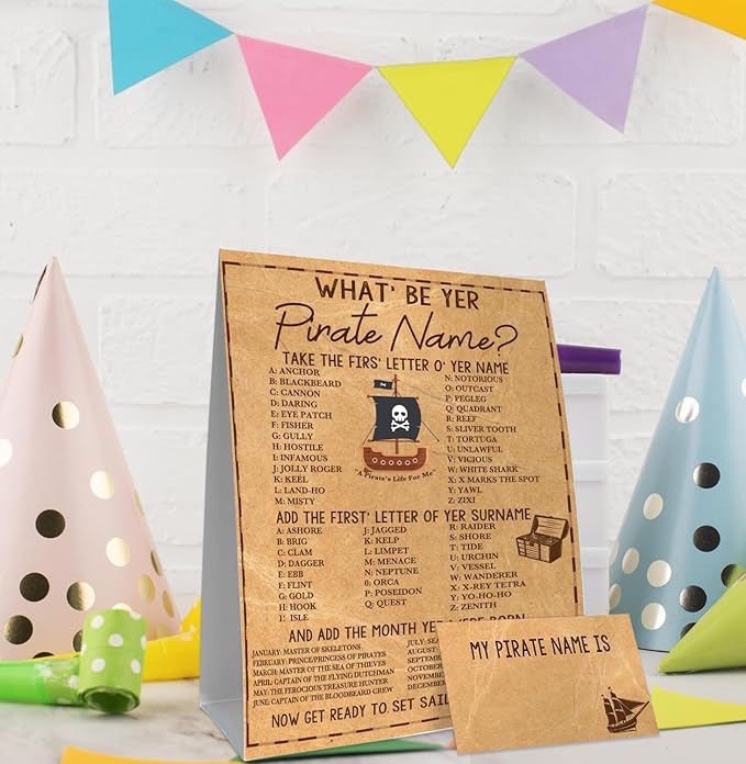 Pirate Birthday Decorations - 30 PCS What's Your Pirate Name Sign and Stickers Set, Treasure Hunt Birthday Party Supplies, Nautical Theme Pirate Party Favor
