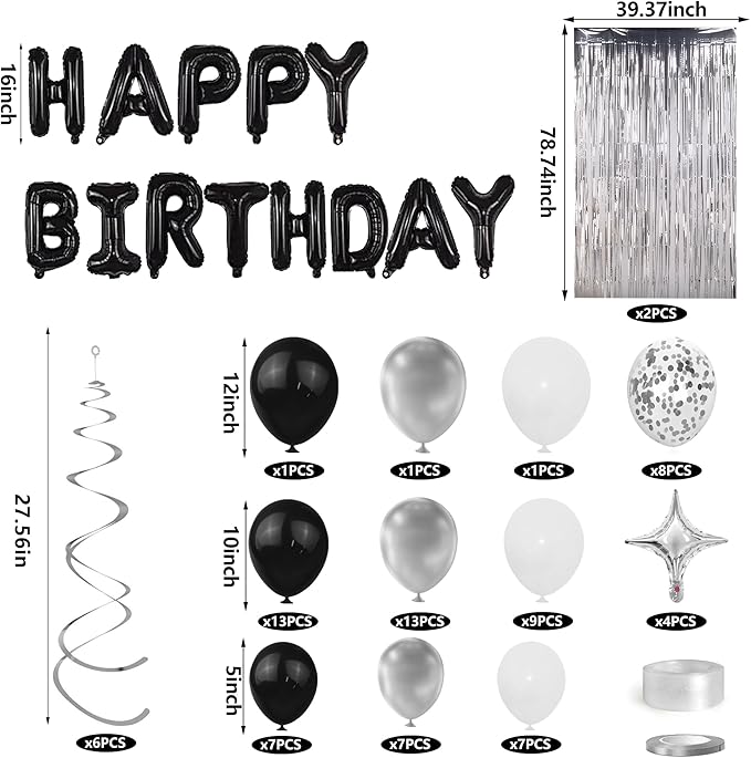 92 PCS Black and Silver Happy Birthday Decorations Balloons Fringe Curtains Vortex for Boys Men Girls Women 16th 18th 20th 21st 25th 30th 40th 50th 60th Birthday Party Decorations (Black Silver)