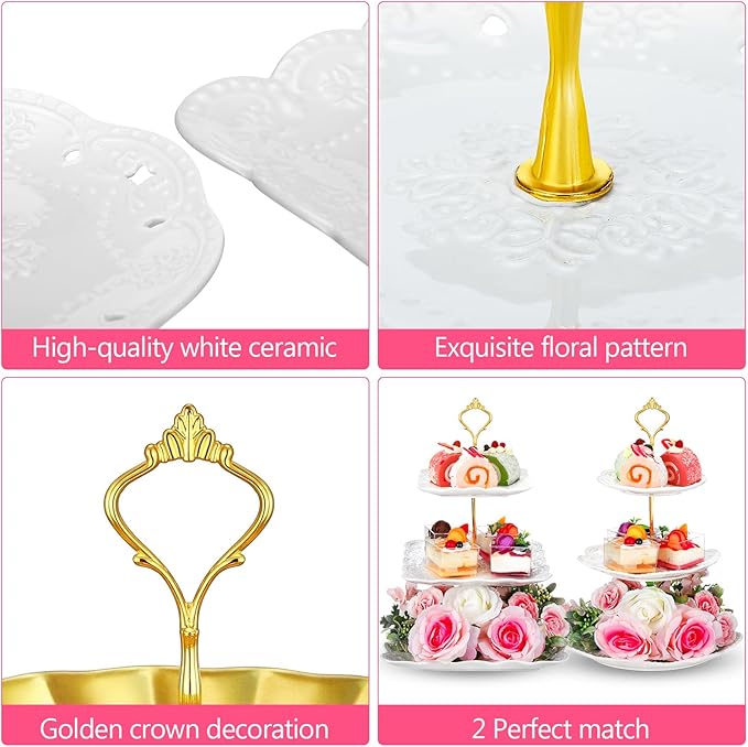 Ctosree 2 Pcs 3 Tier Porcelain Cupcake Stand Round and Square White Ceramic Cake Stand 3 Tier Serving Tray Tiered Dessert Display Embossed Tea Elegant Stands Wedding