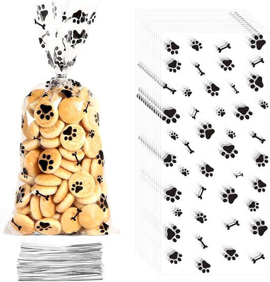 60 PCS Plastic Dog Paw Cellophane Treat bags with Ties Goodie Candy Cookie Goody Gift Bags Pouches Clear Baby Shower Pet Puppy Birthday Party Decorations Favors Supplies Wrapping Stuffers(5x11)