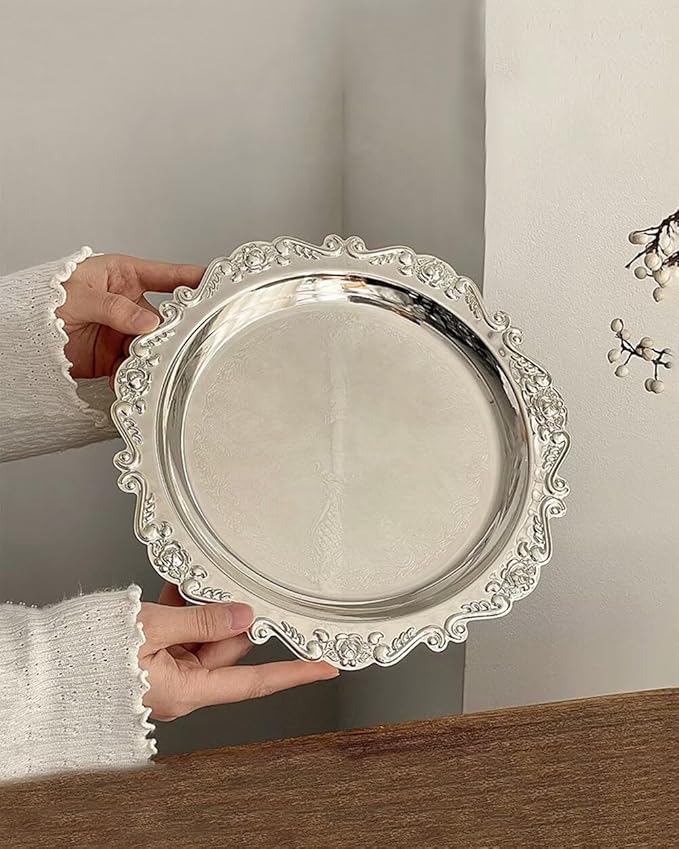 Round Decorative Tray 7.9in Metal Dessert Plates Vintage Coffee Table Tray for Snacks Fruit Silver