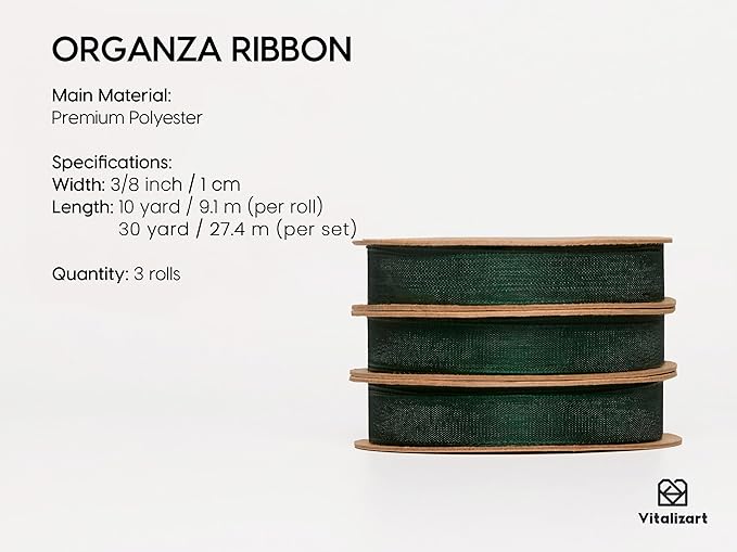 Vitalizart 3/8" x 30Yd Organza Ribbon Christmas Green Sheer Ribbons Set 10 Yd x 3 Rolls Handmade Eco-Friendly for Gift Wrapping Christmas Tree Crafts Bows Wedding Invitations Wreaths Wrap