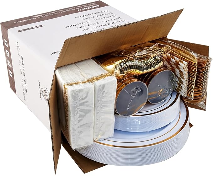 250 Count Gold Disposable Plastic Dinnerware Set, 50 Gold Plastic Plates, 25 Silverware, 25 Cups and Straws, 50 Napkins, Perfect for Wedding Party