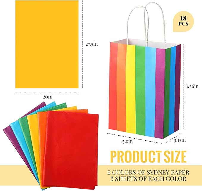 TaoBary 36 Pcs Rainbow Party Treat Bags Rainbow Gift Bags Colorful Stripes Kraft Paper with Handles and Colorful Tissue Paper for Gay Parade Festival Party Supplies