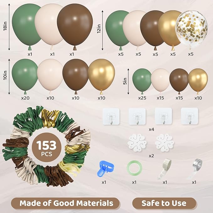 Amandir 153pcs Sage Green Brown Balloon Garland Arch Kit, Different Sizes 18 12 10 5 inch Olive Green Gold Latex Metallic Confetti Balloons for Safari Jungle Woodland Birthday Baby Shower Decorations