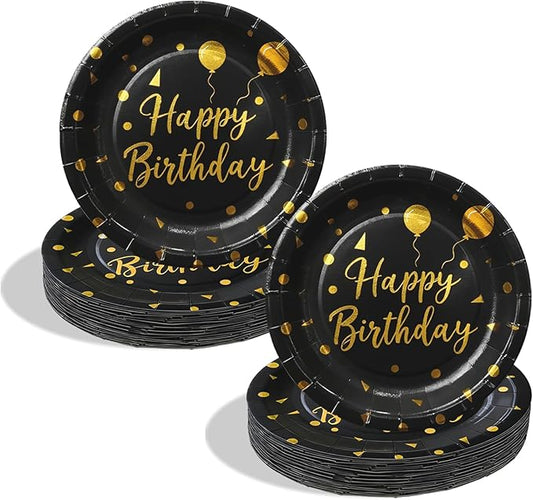 Stylish Paper Plates with Foil Happy Birthday Design,Eco Compostable Plates,7 inch Black Small Paper Plates 50 counts Birthday Party Essentials Disposable Plates