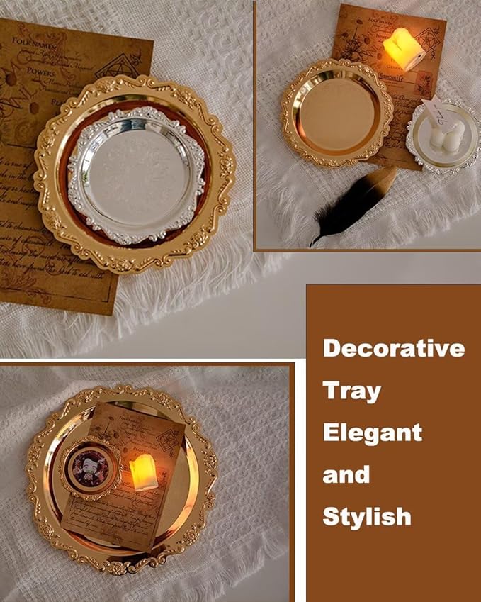 Round Decorative Tray 5.9in Metal Dessert Plates Vintage Coffee Table Tray for Snacks Fruit Gold