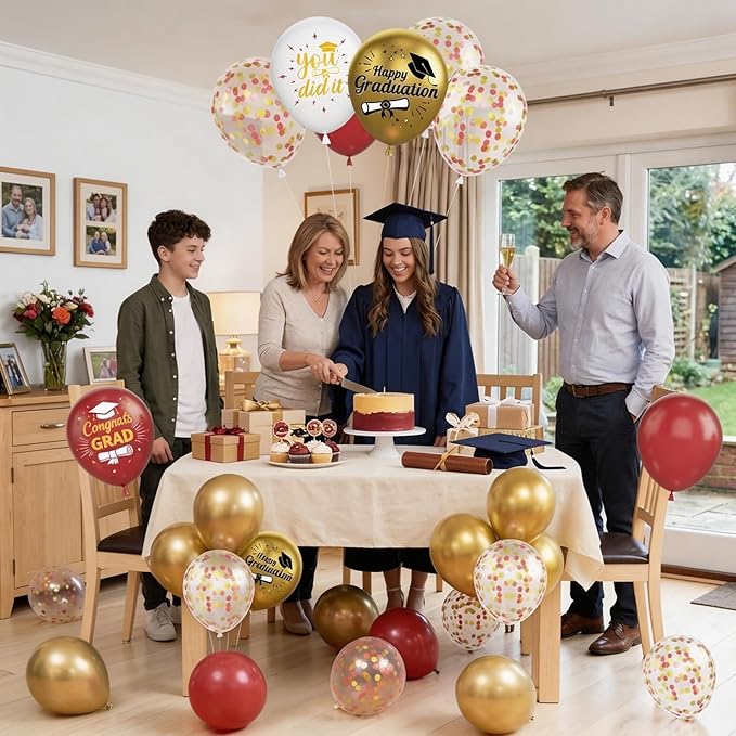 Burgundy and Gold Graduation Balloons Graduation Decorations 2026, 60Pcs Print Congrats Grad Balloons, Maroon Gold Confetti Latex Balloon, Class of 2026 Grad Party Decorations for College High School
