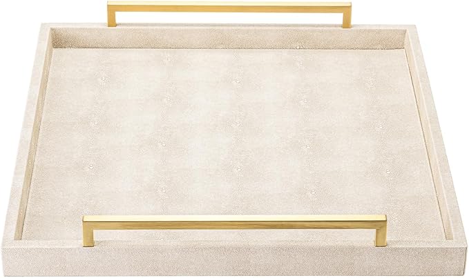 Large Ottoman Tray for Coffee Table,Square Shagreen Leather Decorative Tray with Gold Handles for Living Room Decor