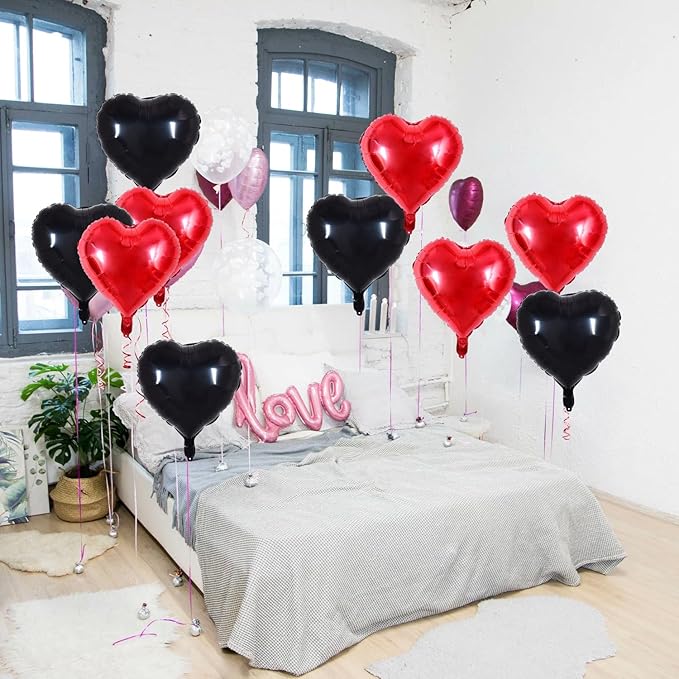 TONIFUL 30Pcs 18 Inch Red Black Heart Balloons Valentine’s Day Heart Shape Foil Mylar Balloons Decoration for Romantic Valentine's Day Wedding Bridal Shower Anniversary Engagement Party Supplies