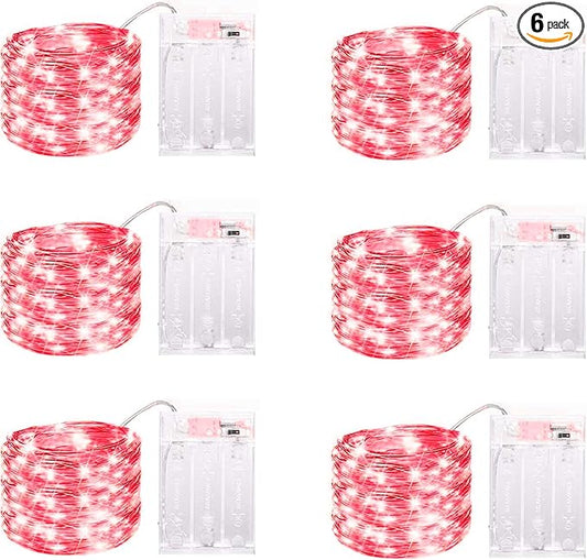 6 Pack LED Fairy Lights Battery Operated with Timer, 13FT 40LED Waterproof Firefly Lights Silver Wire Mini Twinkle String Lights for Wedding Christmas Birthday Party Mason jar Decorations, Red