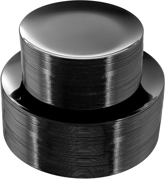 PULOTE 100PCS Black Plastic Plates Disposable - Premium Heavy Duty 50 Black Dinner, 50 Dessert/Salad Plates - Ideal for Party, Halloween