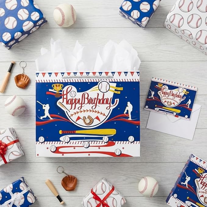 Oletx Baseball Party Favor Gift Bags, Large Baseball Gift Wrap Bags with Tissue Paper for Sports Party, Happy Birthday Baseball Bags,Goodie Treat Wrapping Bags for Boys Men or Team Supplies
