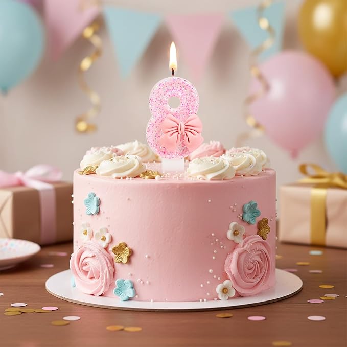 Pink Bow Number 8 Birthday Candle, Glittering Candles Birthday Cake Topper, Princess Themed Party Decor for Girls and Women Anniversary Party Supplies