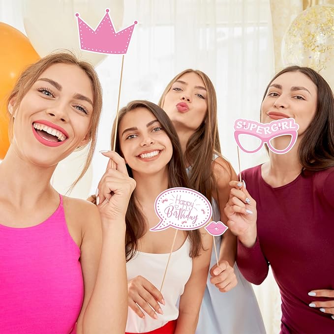 Pink Bow Party Decorations Photo Booth Props Signs,25pcs Pink Bow Birthday Decorations Selfie Props with Sticks for Women Coquette Birthday Decorations Supplies Decor Favors