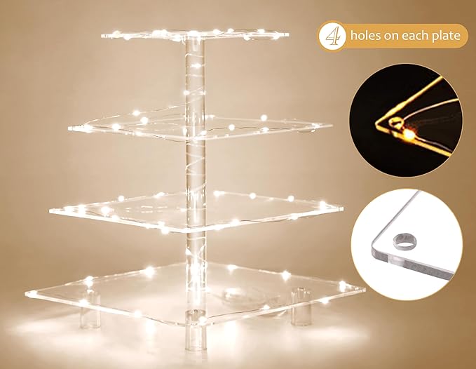 Jusalpha 4 Tier Square Cupcake Stand Serving Tray Acrylic Cupcake Tower - Ideal for Weddings Birthday Parties, Candy Bar Decor (Warm Power Charge : Battery)