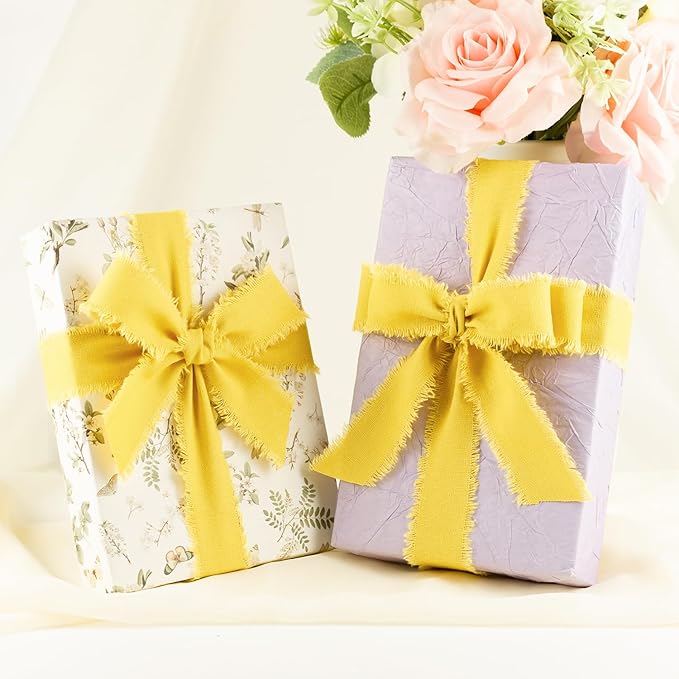 Yellow Cotton Ribbon 1 Inch Mustard Yellow 3 Rolls 21 Yards Frayed Edge Fabric Set for Wedding Decor, Bridal Bouquet Wrap, Baby Shower, Gift Wrapping & Fall Decor