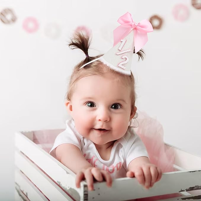 Pink Bow 1/2 Birthday Hat- Pink half Birthday hat, Princess 1st Birthday Supplies,Half Birthday Decorations for Girls
