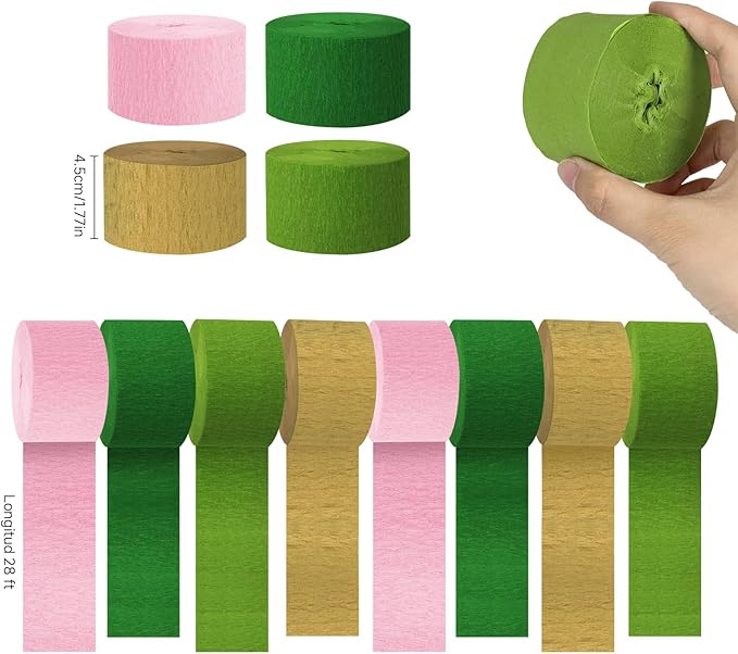 Paper Streamers,8 Rolls Green Pink and Gold Wedding Party Decorations,Crepe Paper Streamers for Party Supplies, Birthday, Spring Party,Bachelorette, Baby Bridal Shower(1.77Inch x 82Ft/Roll)