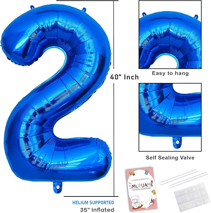 40 Inch Navy Blue 2 Balloon for 2nd Birthday Party, Blue Two Number Balloon 12 21 22 Birthday Decorations for Boys Girls Men Women, Helium Giant Foil Number 2 Balloon