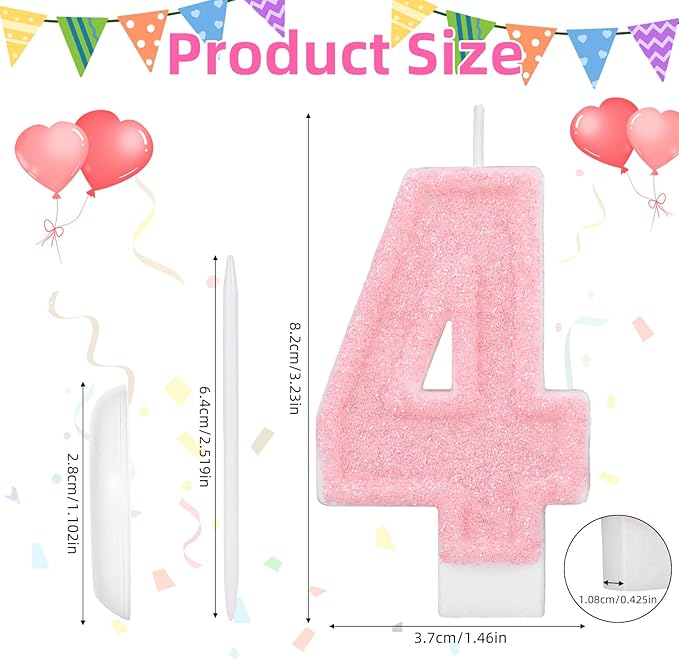 Pink Number Birthday Candles, Romantic Cake Glitter Pink Number Candles Anniversary Cake Topper Decoration Cute Birthday Party Supplies for Wedding Anniversary Celebration Supplies (4)