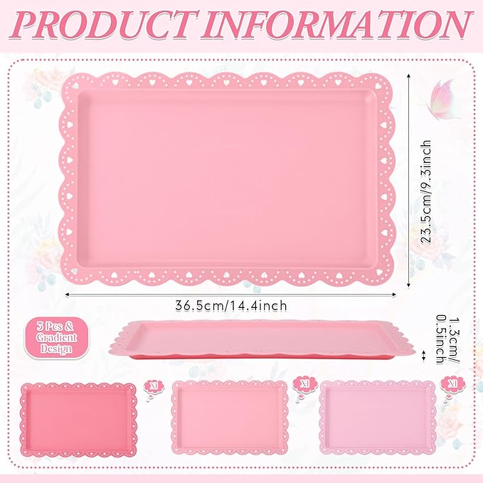 3 Pcs Pink Serving Trays Plastic Platters Dessert Cupcake Holder Party Supplies 14.4 x 9.3 Inches Rectangular Cookie Snack Display Tray for Wedding Restaurant
