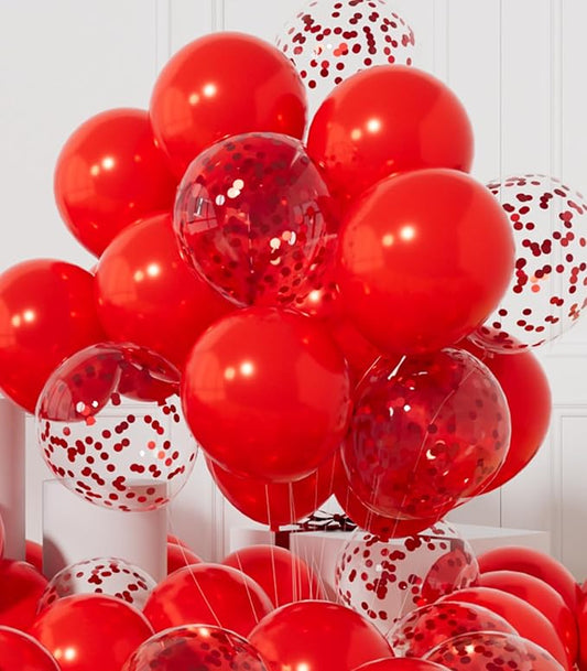 AULE Party Balloons Pack of 42-12in Red Confetti Balloons & Red Latex Balloons and 64ft Ribbons - 12 Inches Balloons Decorations Set