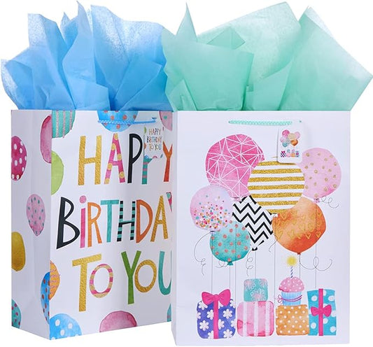 SUNCOLOR 16" Extra Large Gift Bags for Birthday Party with Tissue Paper(2 Pack, Balloon)